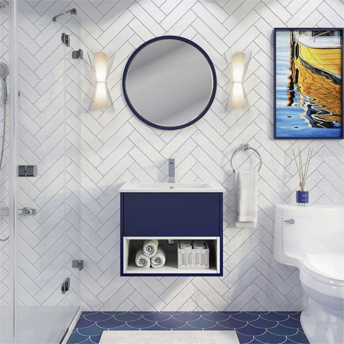 24" Matthew Wall Mount Vanity in Navy Blue with Ceramic Top