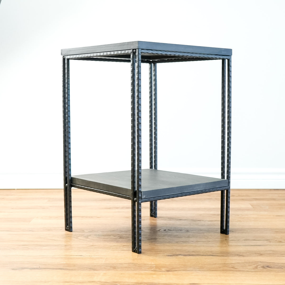 Decorative 24.25-Inch Tall End Table in Solid Wood Carbon and Natural Wrought Iron