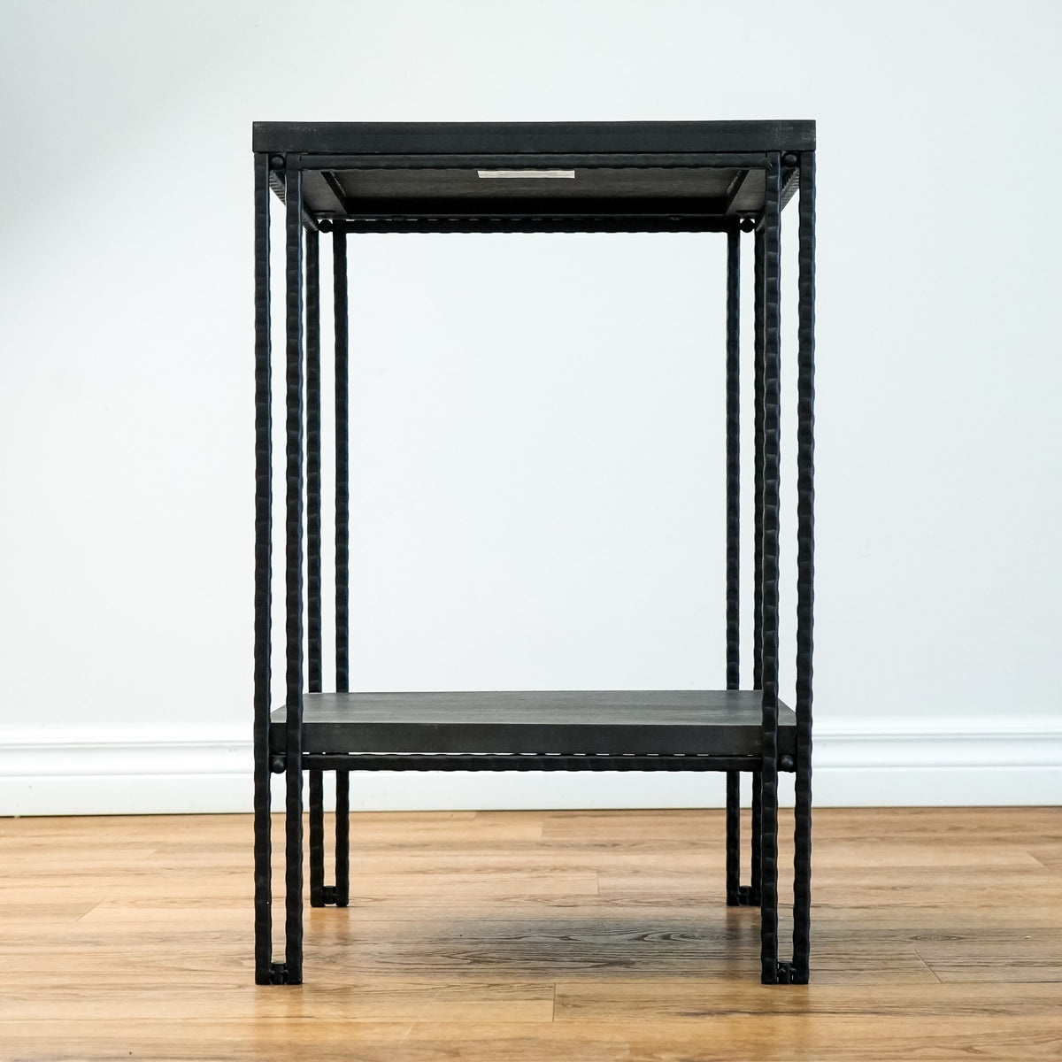 Decorative 24.25-Inch Tall End Table in Solid Wood Carbon and Natural Wrought Iron