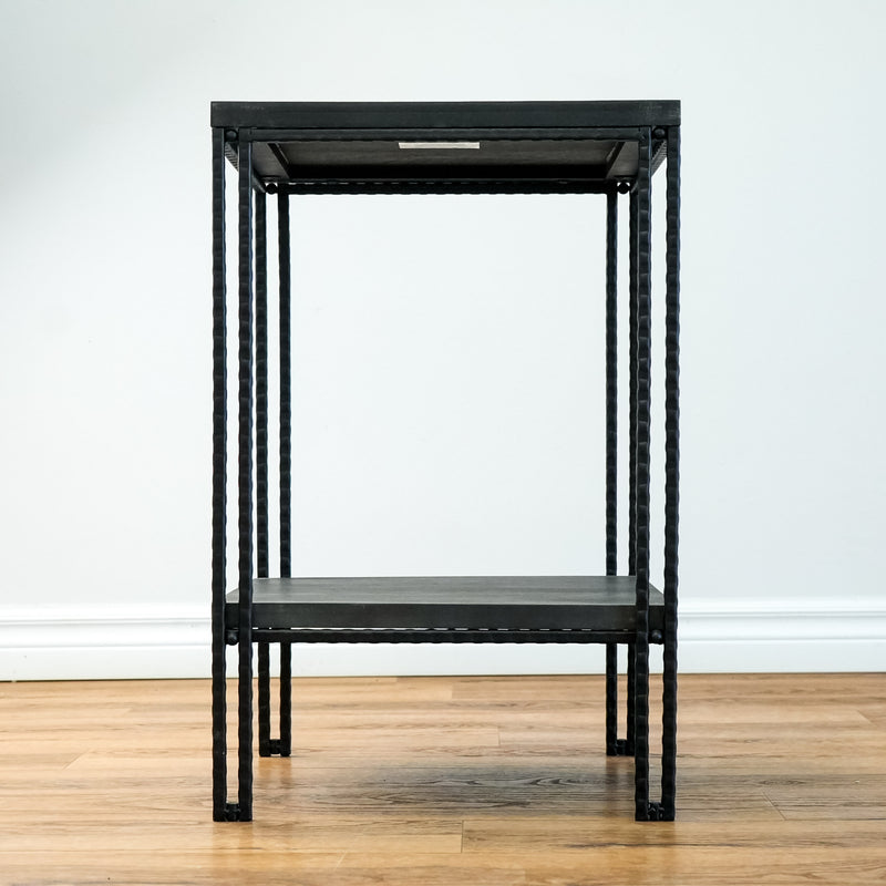 Decorative 24.25-Inch Tall End Table in Solid Wood Carbon and Natural Wrought Iron