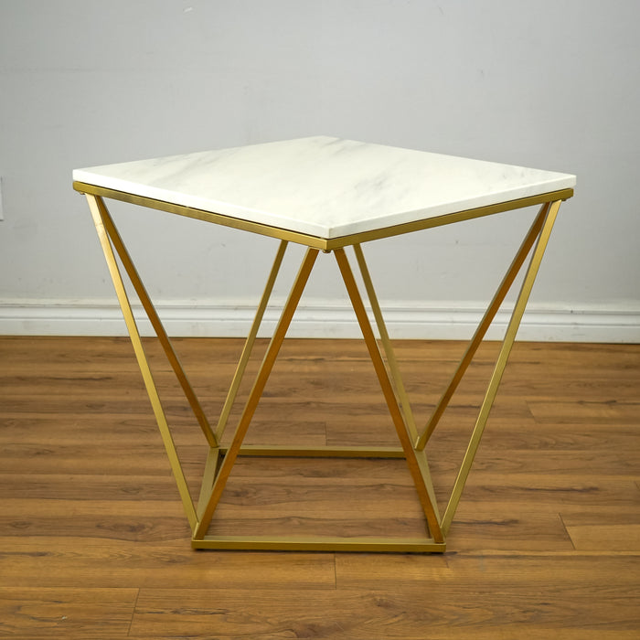 Geometric Brass Framed 24-Inch Square Table with White Marble Top