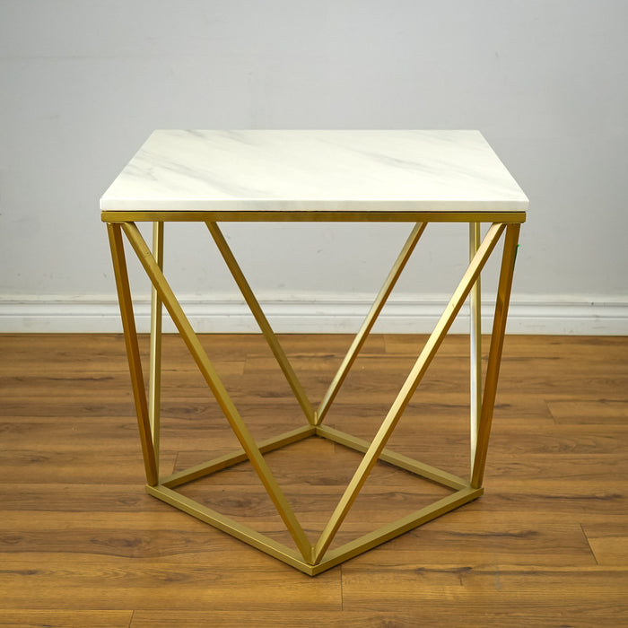 Geometric Brass Framed 24-Inch Square Table with White Marble Top