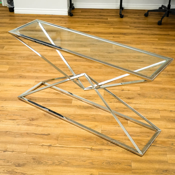 Chrome Pyramid Framed 59-Inch Length Console Table with Glass Top