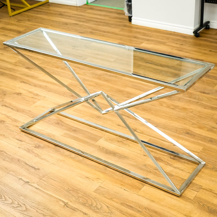 Chrome Pyramid Framed 59-Inch Length Console Table with Glass Top