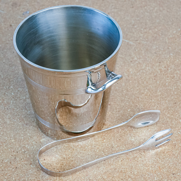 Decorative 5.75-Inch Tall Ice Bucket in Stainless Steel with Tongs