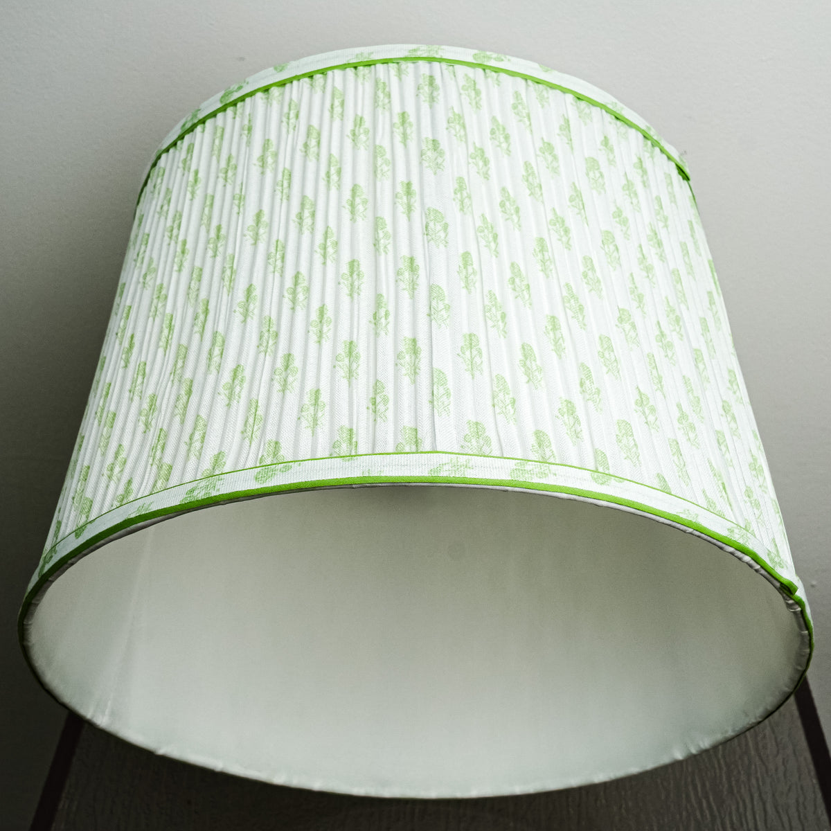 Lamp Shade in White, 12-14" Diameter with Green Floral Pattern