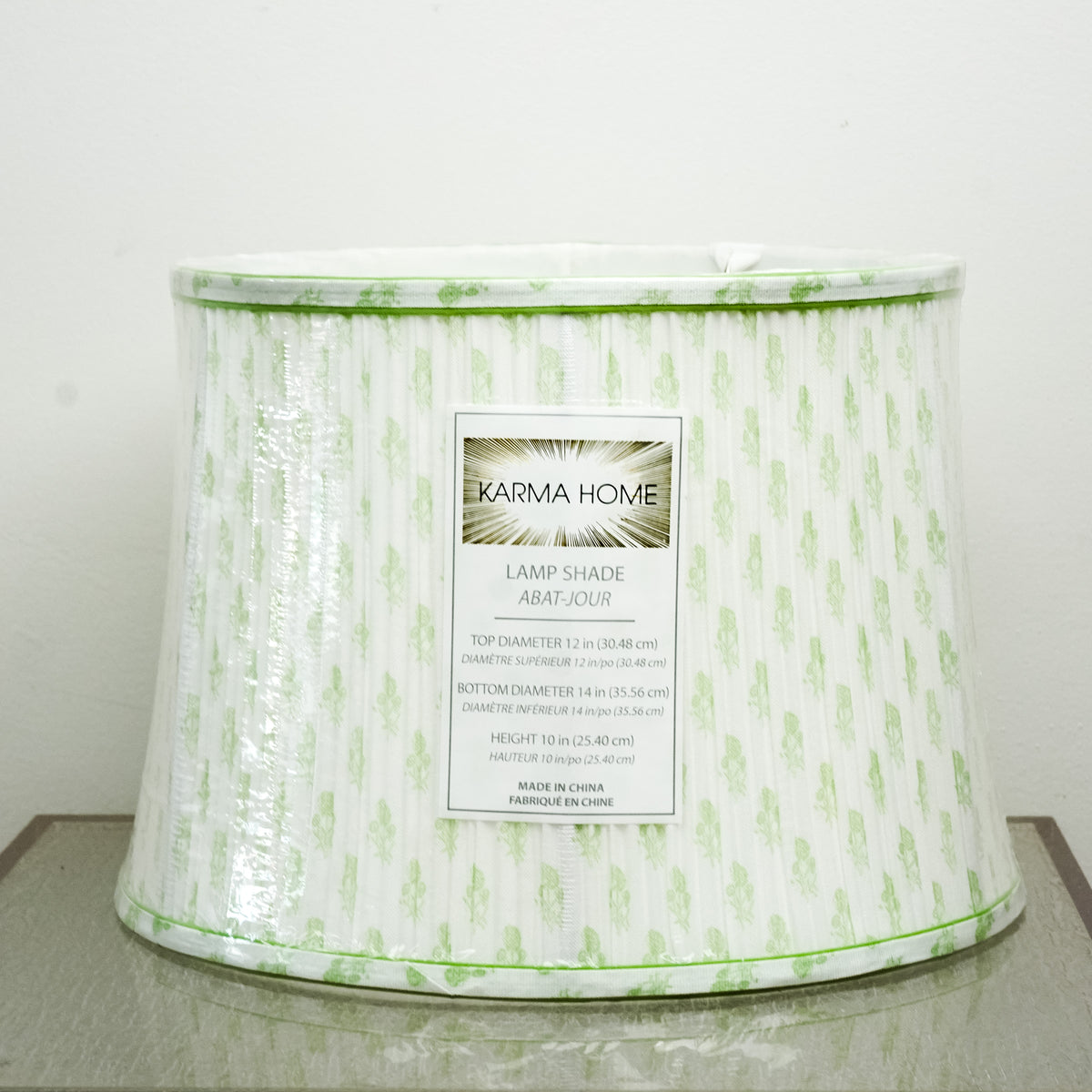 Lamp Shade in White, 12-14" Diameter with Green Floral Pattern