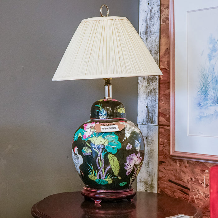 Japanese-Style Ceramic Table Lamp with Floral Motif, 24.5-Inch Height