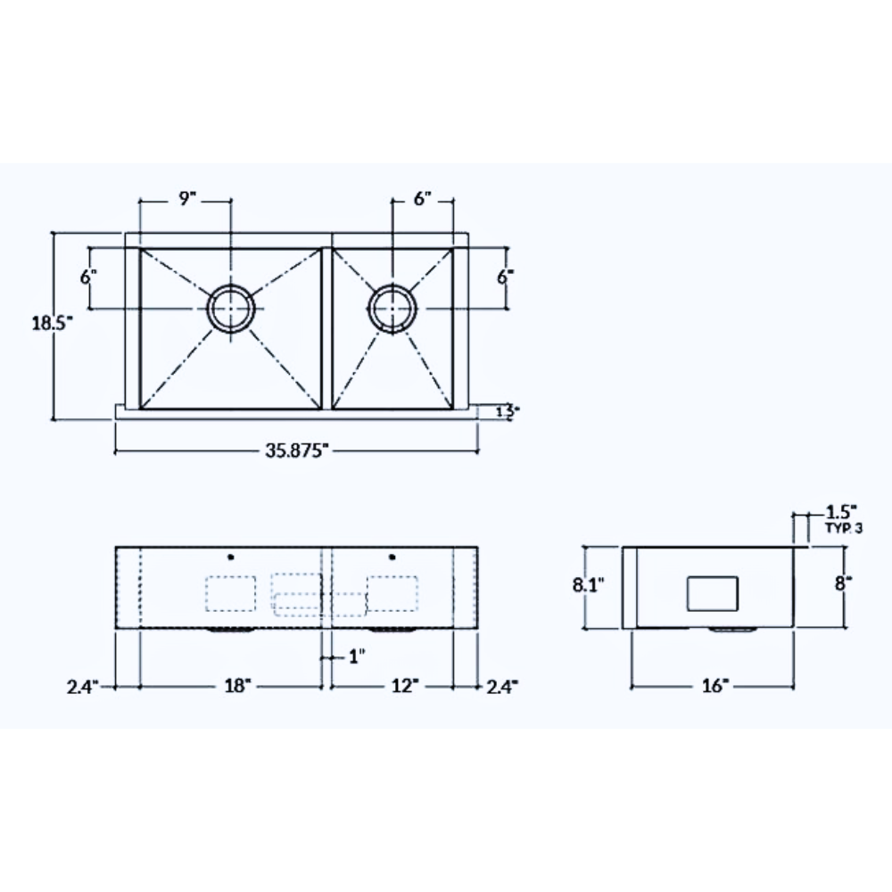 Prochef ProInox H0 60/40 Double Bowl Apron Kitchen Sink, 32x16x8-Inch – IHO-UAR-34188