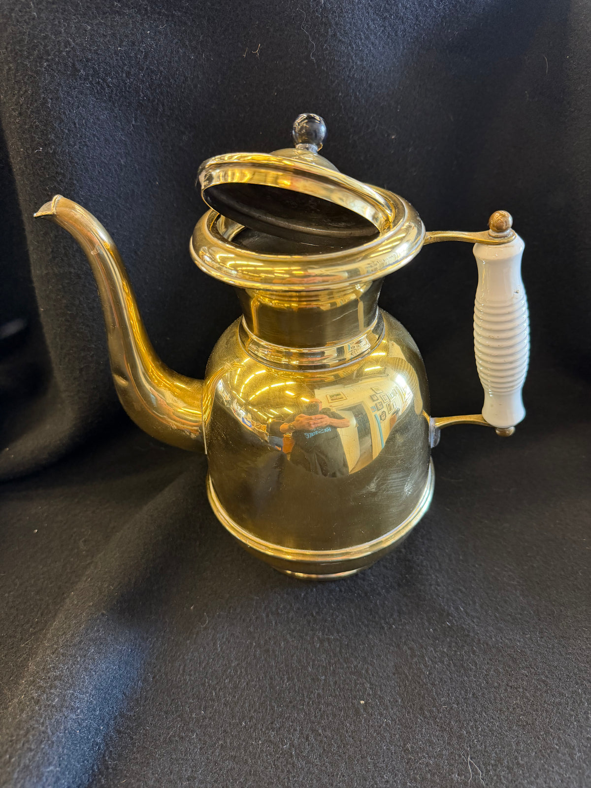 Vintage Solid Brass Coffee Pot / Teapot with White Ceramic Ribbed Handle