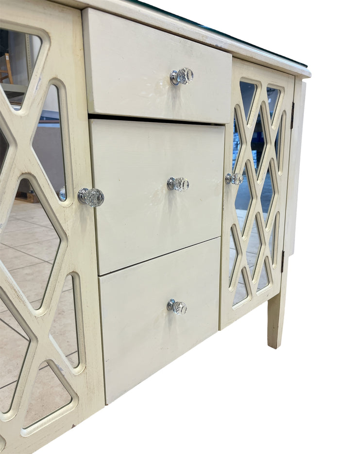 Modern White Sideboard With Crystal Knobs & Side Storage