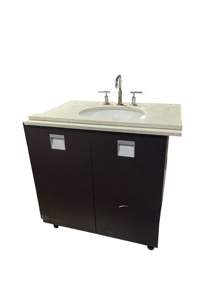 Dark Wood Bathroom Vanity w/ Quartz Style Sink & Kohler Sink