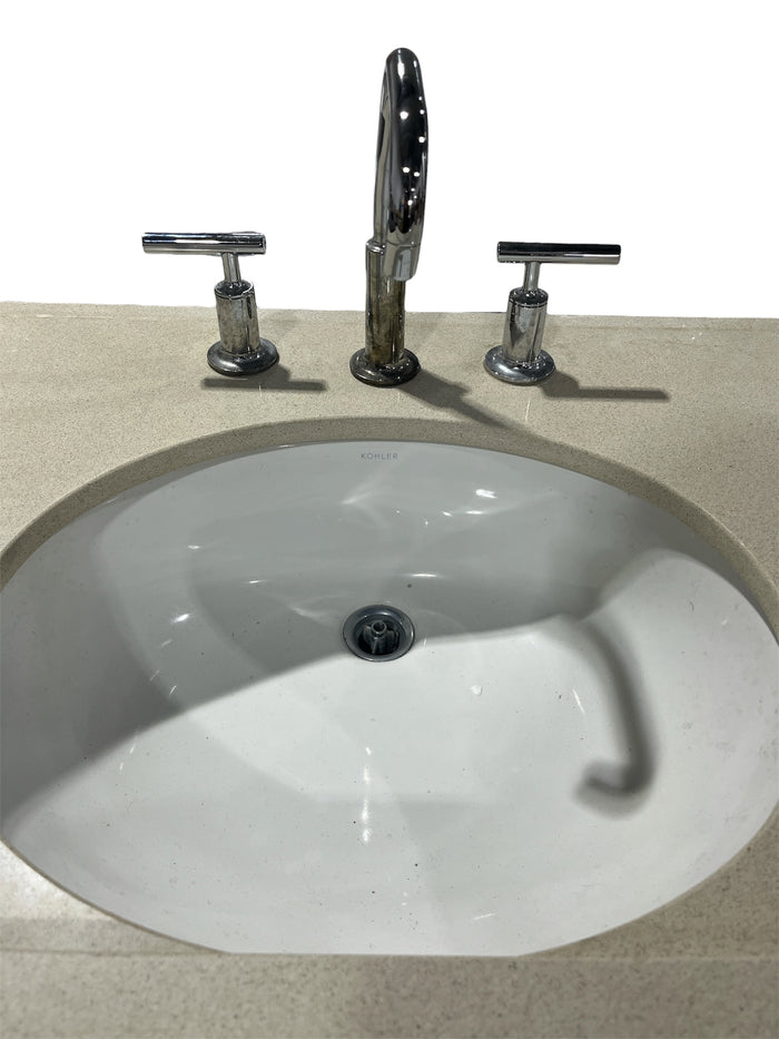 Dark Wood Bathroom Vanity w/ Quartz Style Sink & Kohler Sink