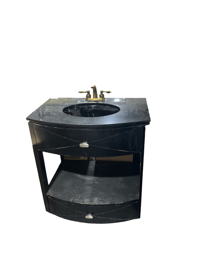 Compact Curved Bathroom Vanity w/ Black Granite Top