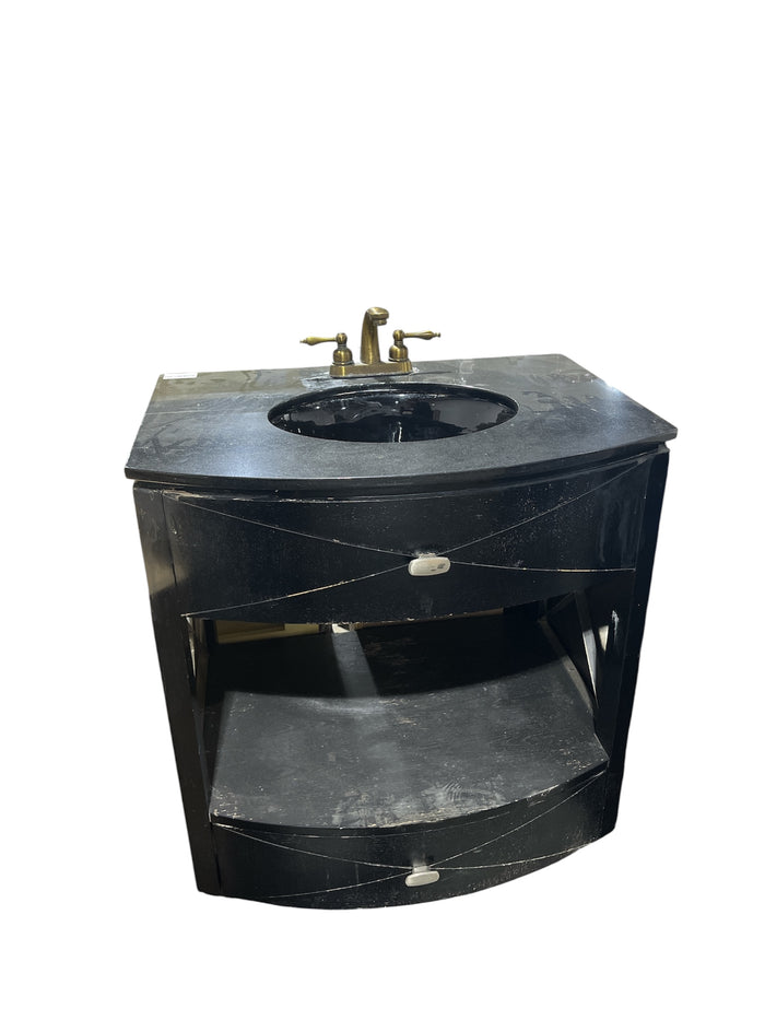 Compact Curved Bathroom Vanity w/ Black Granite Top