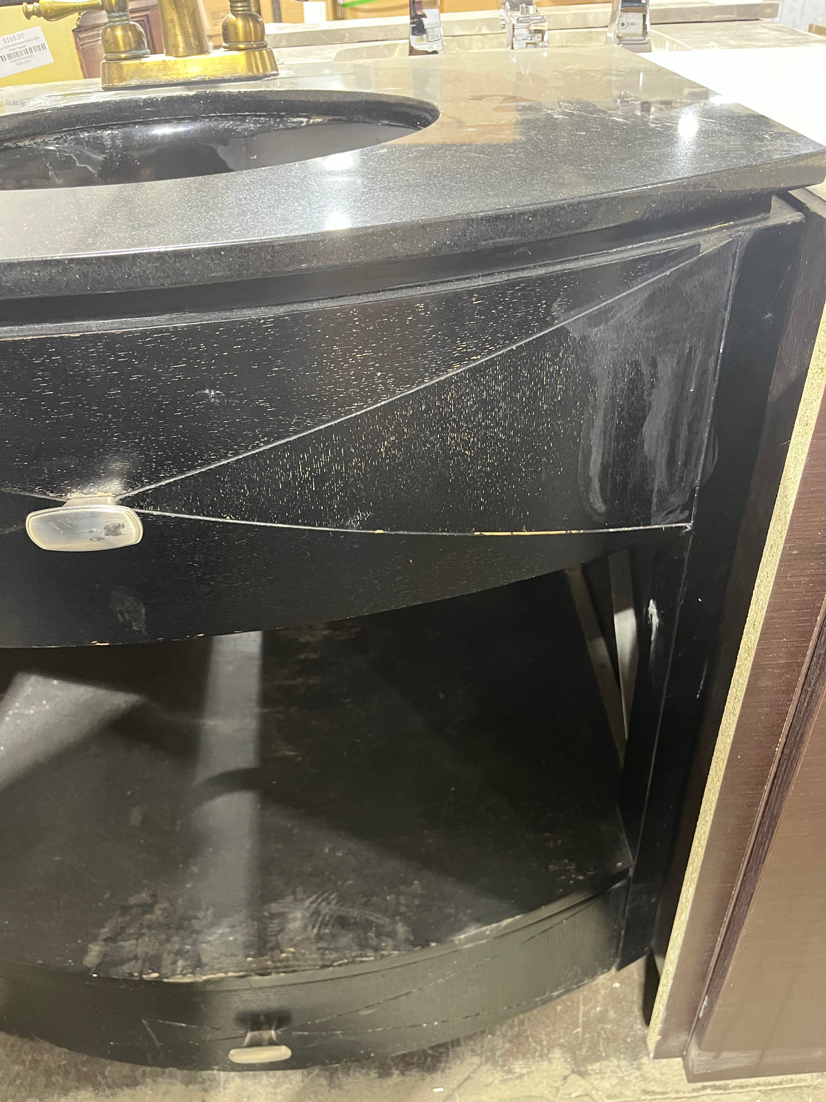 Compact Curved Bathroom Vanity w/ Black Granite Top