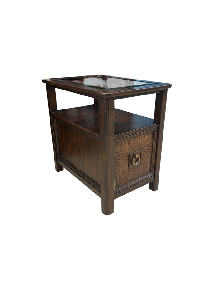 Dark Wood Accent Table w/ Glass Top & Storage