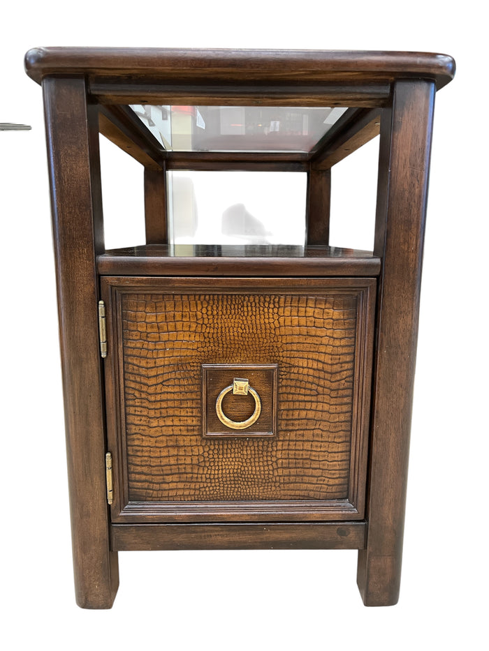 Dark Wood Accent Table w/ Glass Top & Storage