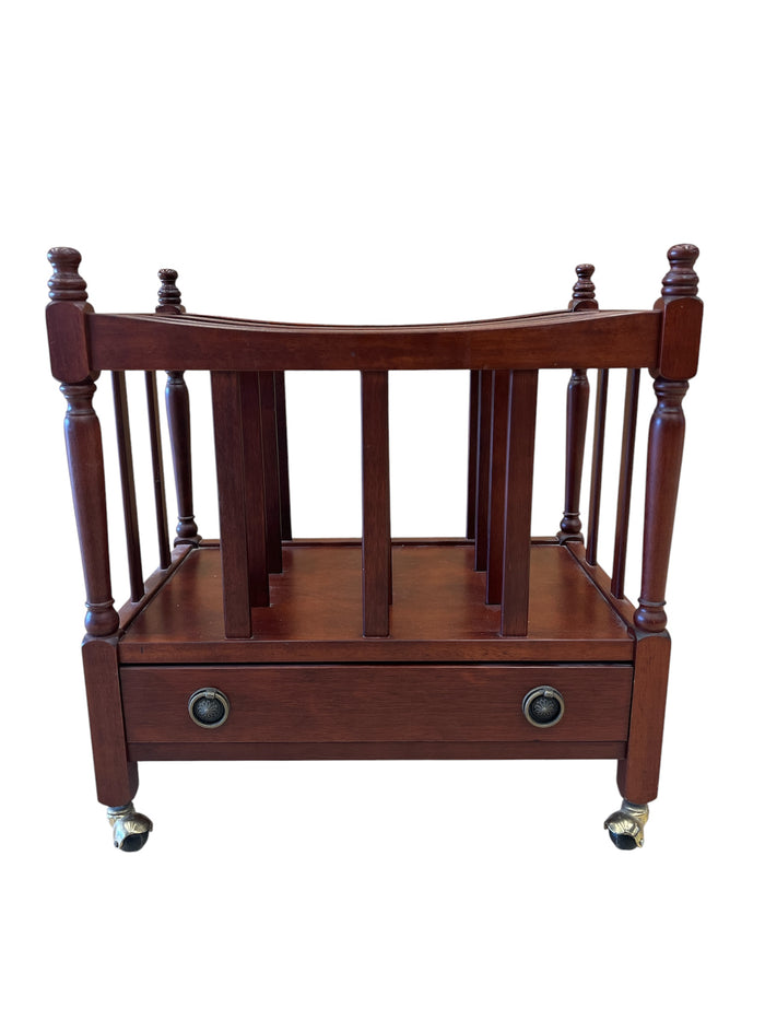 Wood Magazine Rack with Storage Drawer & Rolling Casters