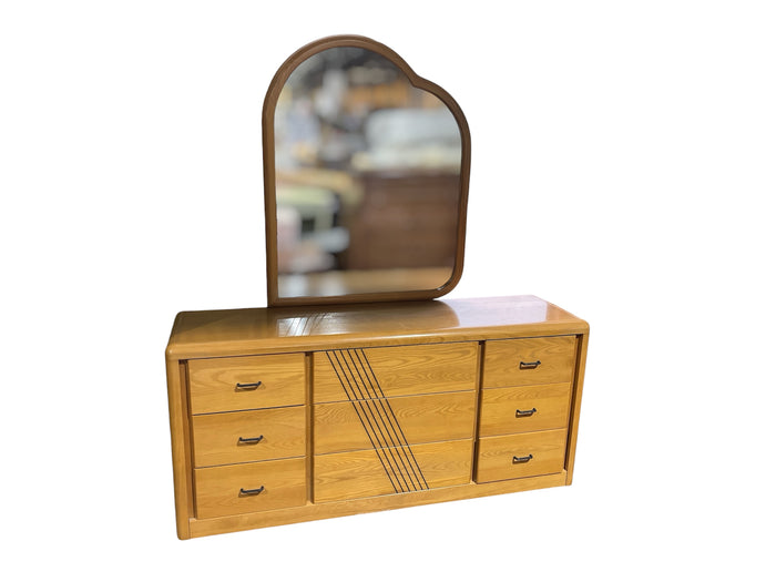 Oak Tone Dresser with Mirror & Decorative Front