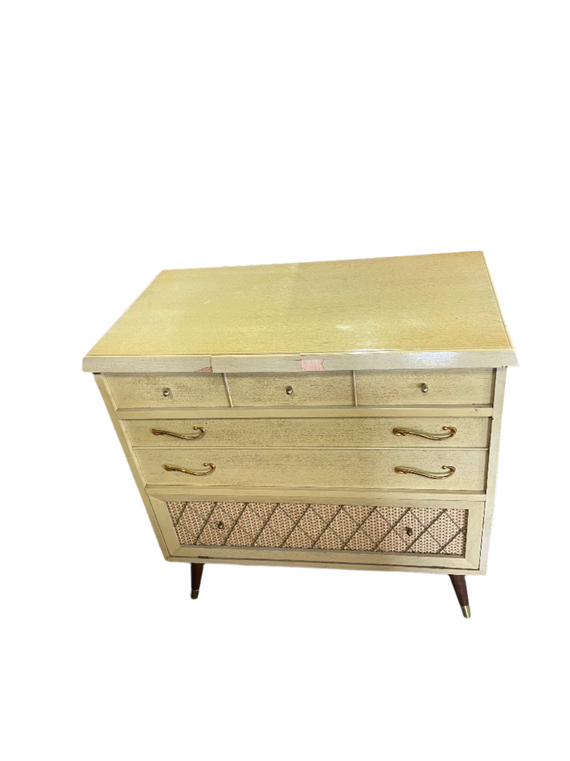 Mid century Modern Tall Boy Dresser in Gold Yellow