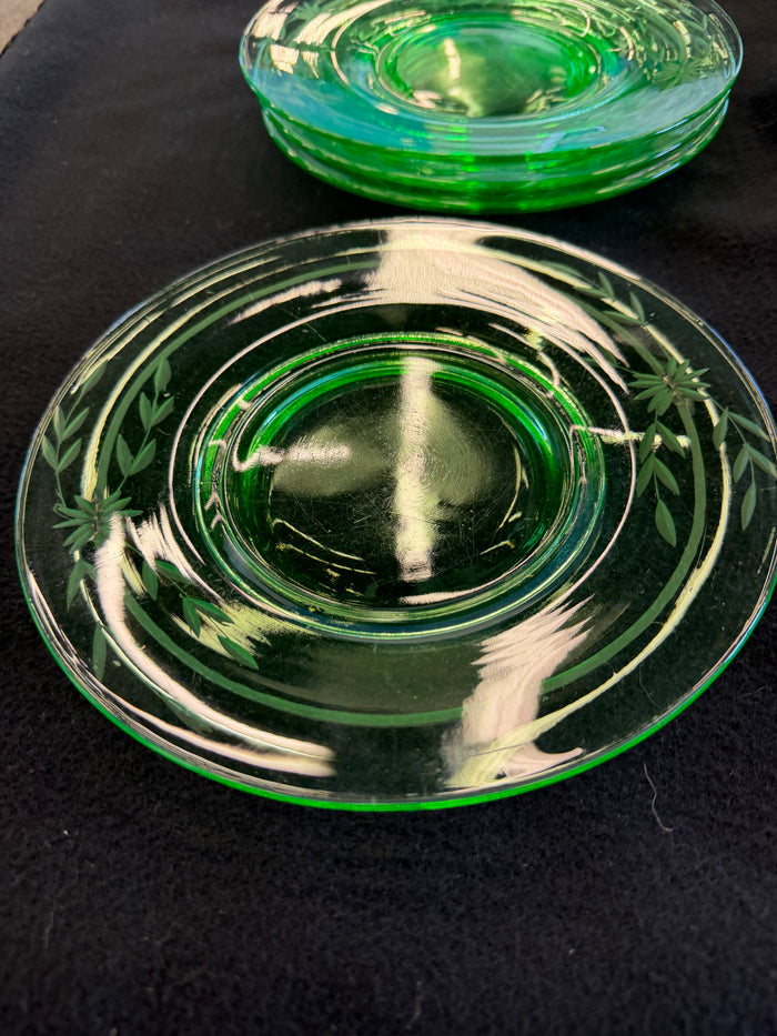 Vintage Uranium Green Depression Glass Floral Etched Salad Plates (Set of 4)