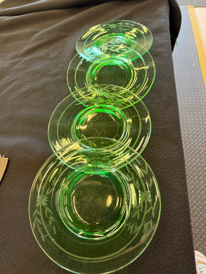 Vintage Uranium Green Depression Glass Floral Etched Salad Plates (Set of 4)
