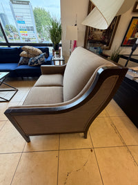 Sophisticated Dark Wood Trim High-Back Settee / Loveseat in Taupe Textured Weave