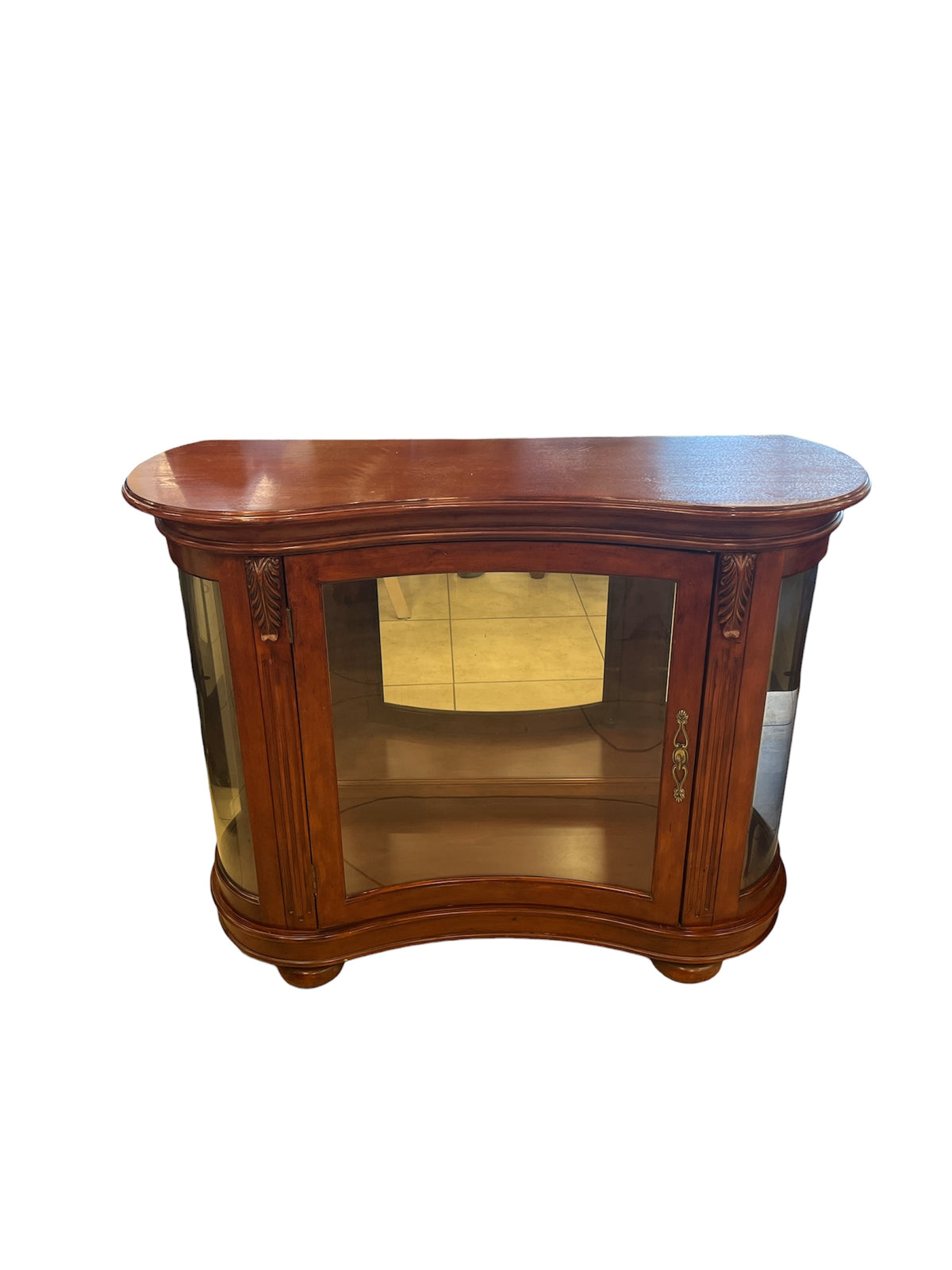 Warm Walnut Tone Curved Glass-Front Display Cabinet