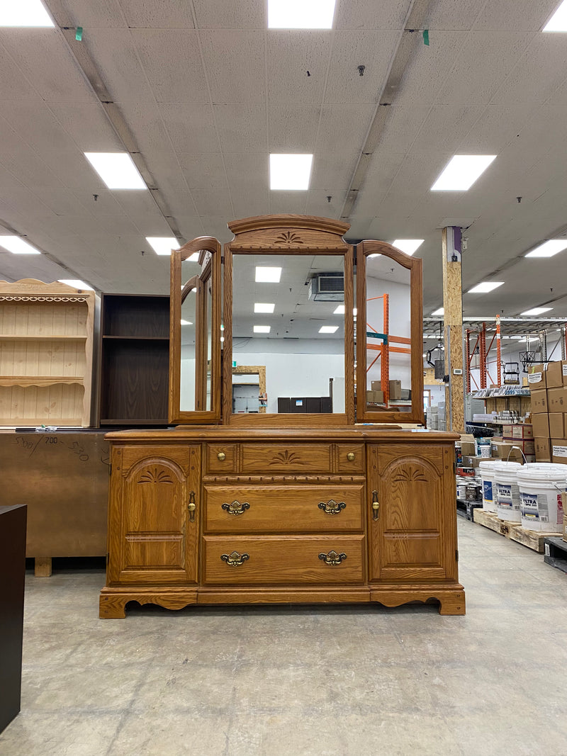 Oak Dresser and Tri Fold Mirror