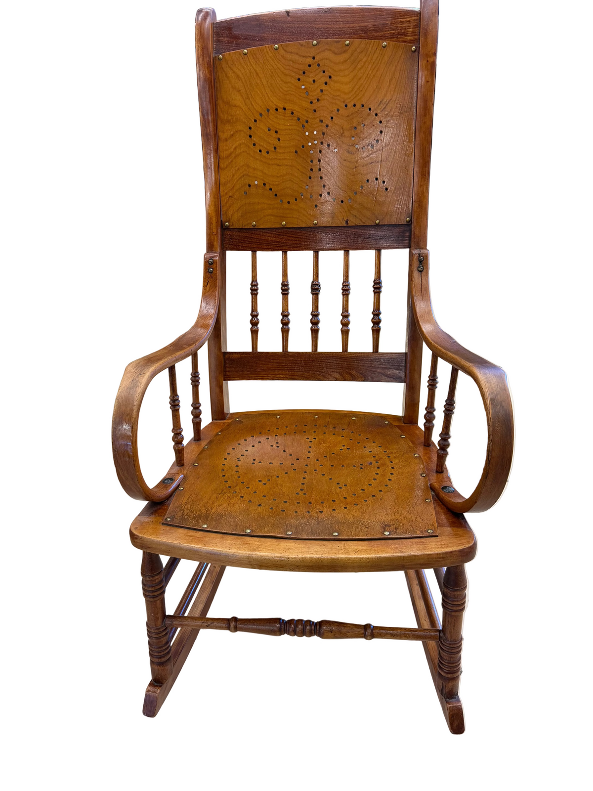 Antique Victorian Oak & Ply-Veneer Punch-Work Rocking Chair with Fleur-de-Lis Motifs