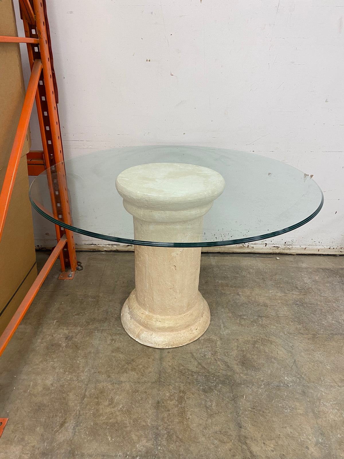 Mid-Century Glass Round Dining Table with Stone Base