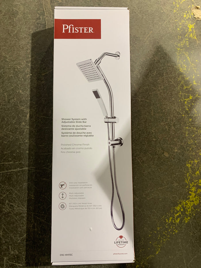 Pfister Modern 6-Inch Square Wall Mount Rain Shower Head with Slide Bar and Hand Shower in Chrome (Hose Incl.)