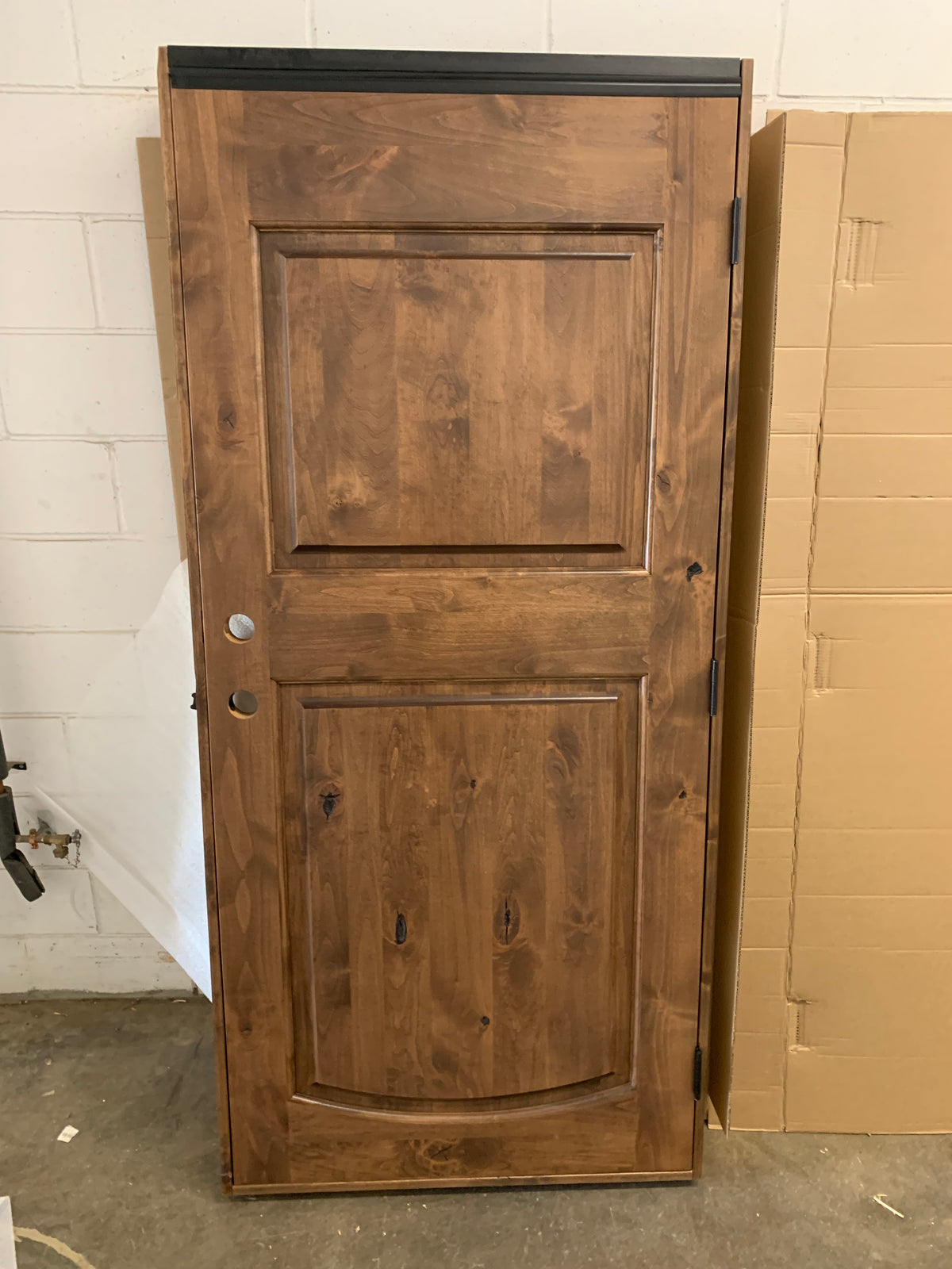Krosswood Doors 36 in. x 80 in. Rustic Left Hand Knotty Alder Arch Top Provincial Stain Prehung Wood Front Door