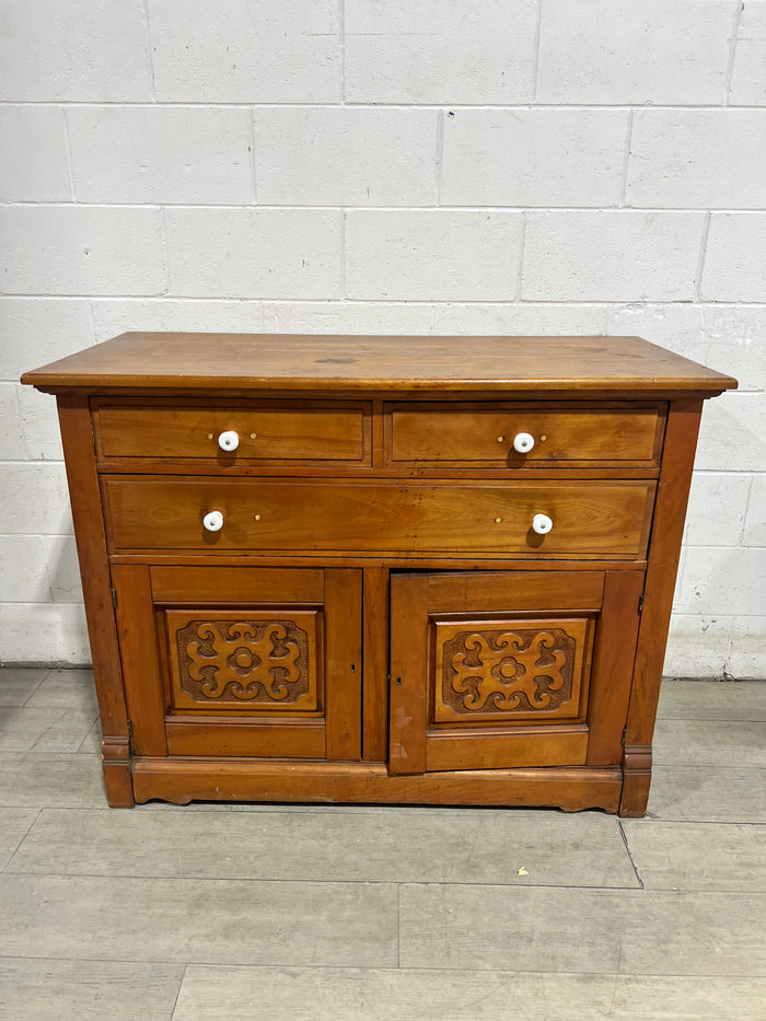 Antique Wood Cabinet - 3 Drawers / 2 Doors