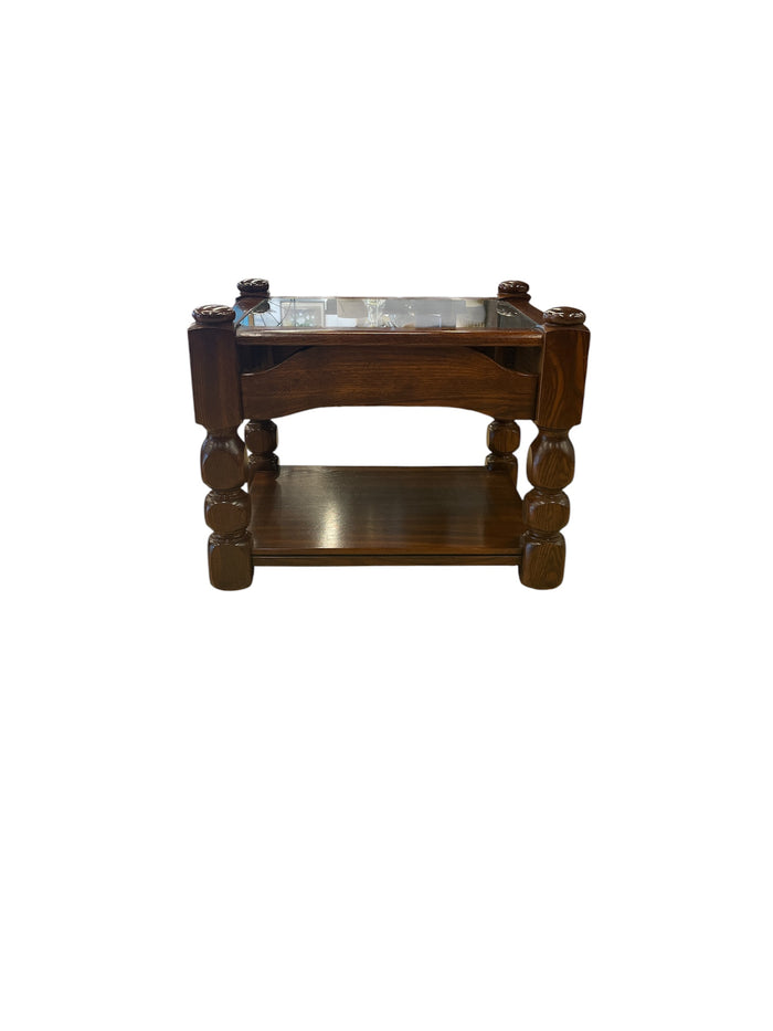 Solid Wood End Table with Glass Insert & Lower Shelf