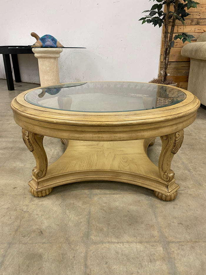 Beige Round Wood Coffee Table with Glass Top
