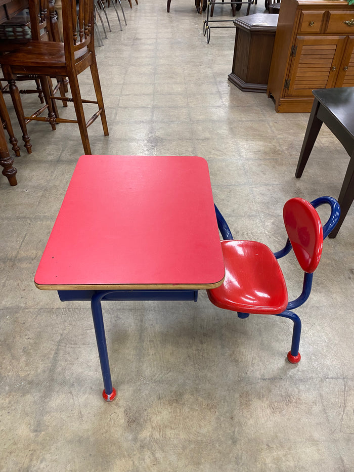 School Desk Red Top Blue Base and Metal Legs