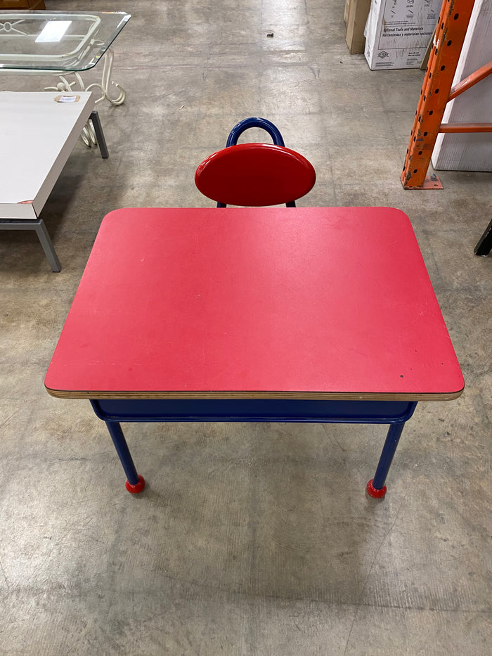 School Desk Red Top Blue Base and Metal Legs