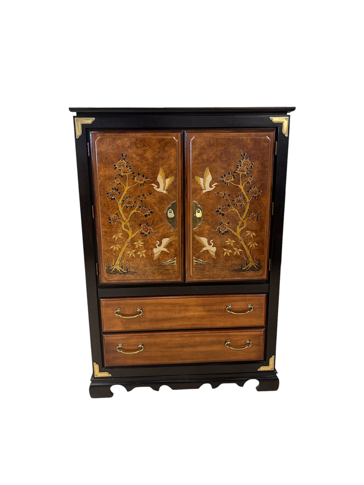 Crane & Floral Burl Wood Veneer Armoire