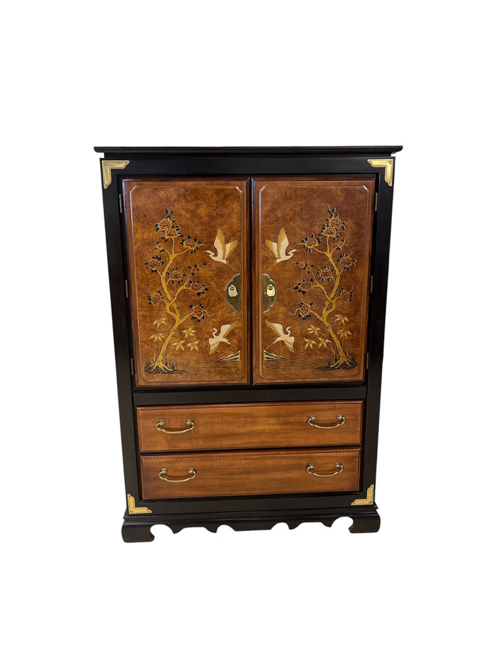 Crane & Floral Burl Wood Veneer Armoire
