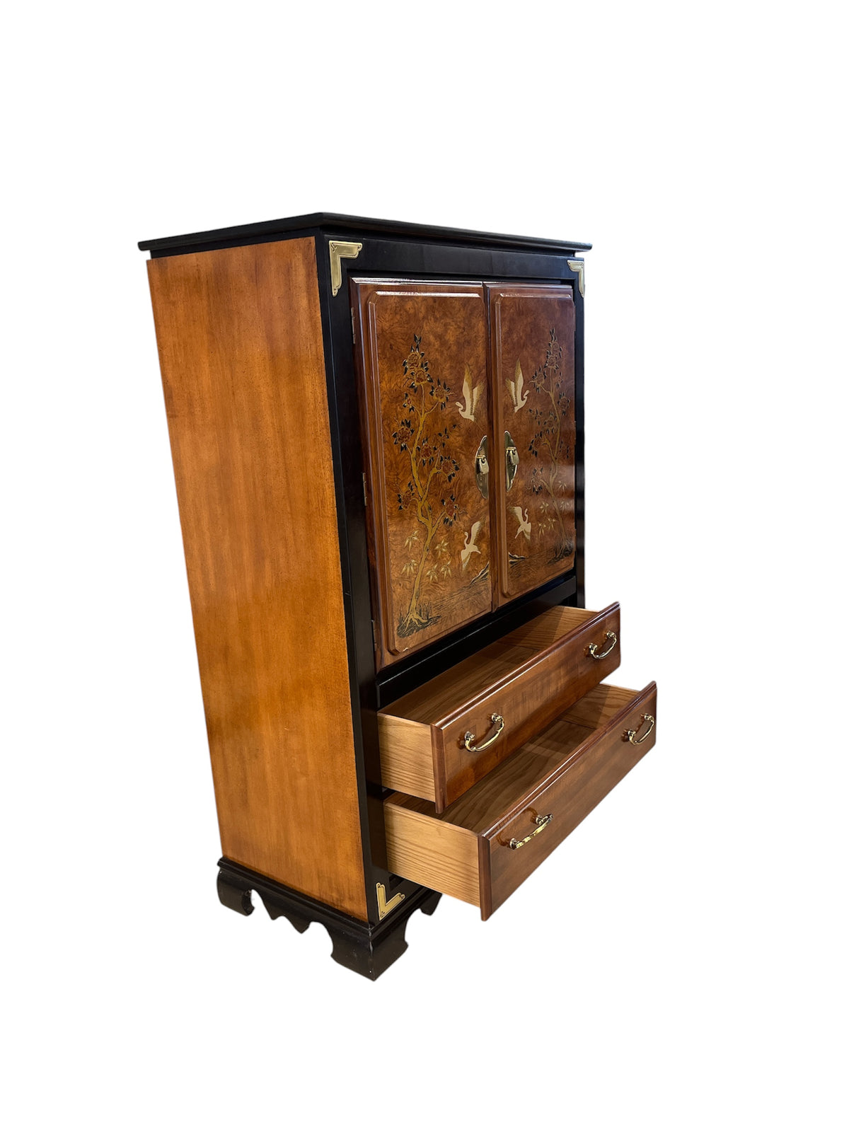 Crane & Floral Burl Wood Veneer Armoire