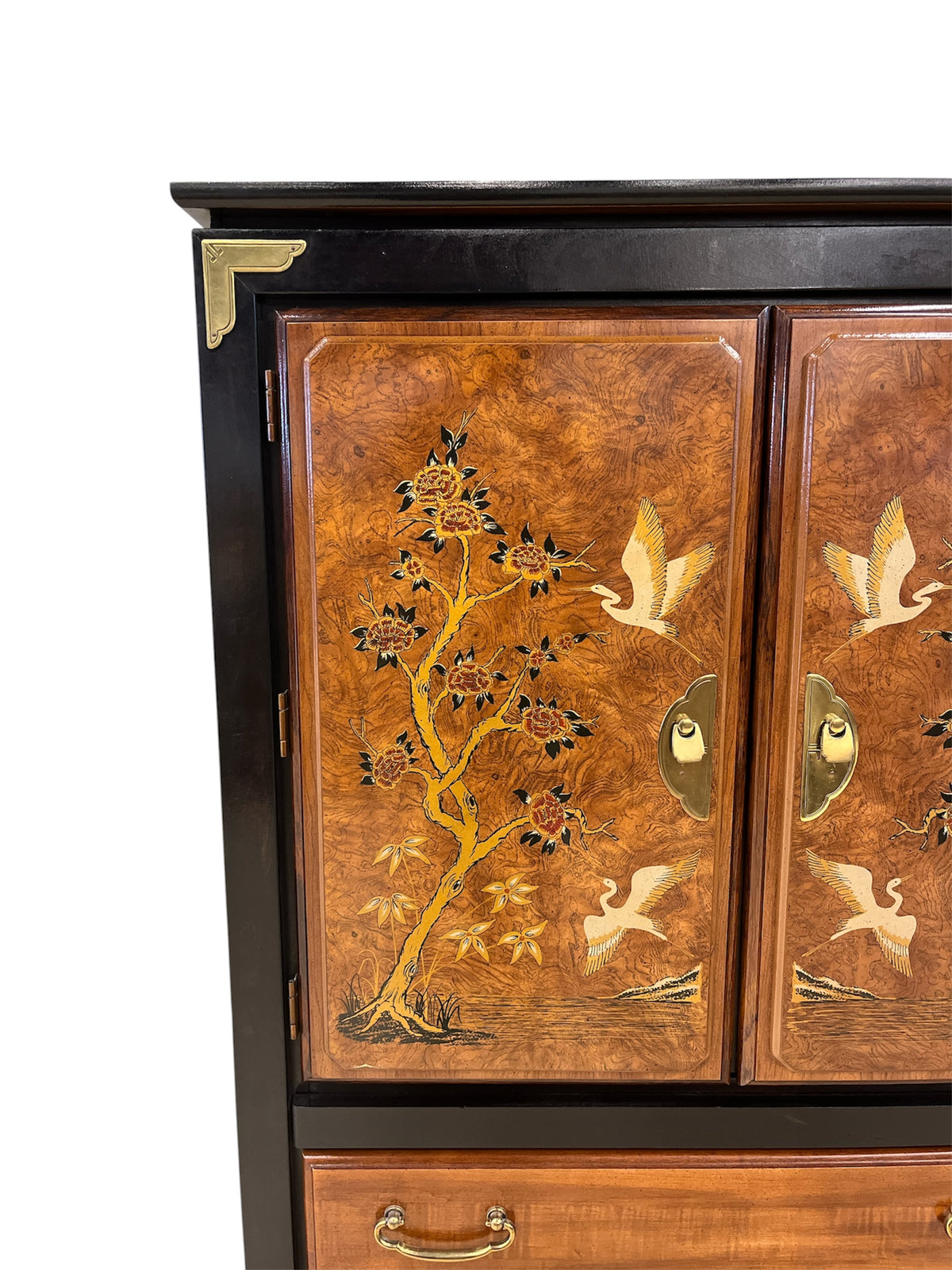 Crane & Floral Burl Wood Veneer Armoire