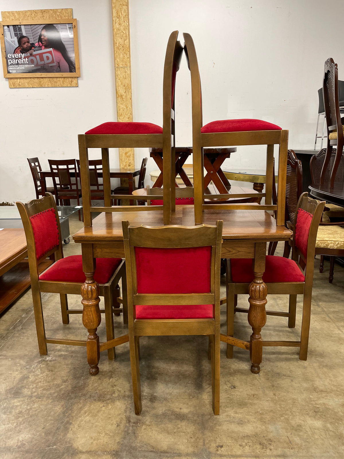 Antique Dining Set With Red Fabric Chairs