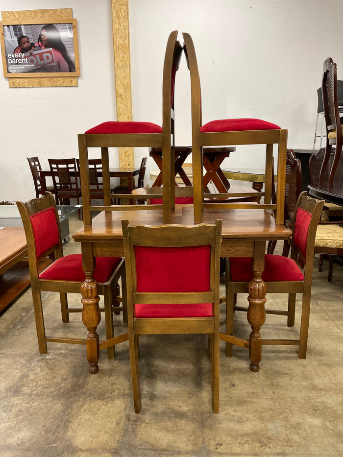 Antique Dining Set With Red Fabric Chairs