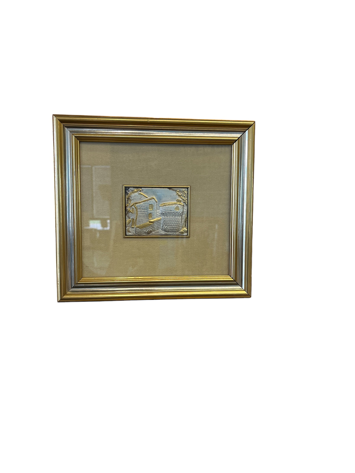 Silver and Gold Embossed Metal Bas-Relief Village Wall Art