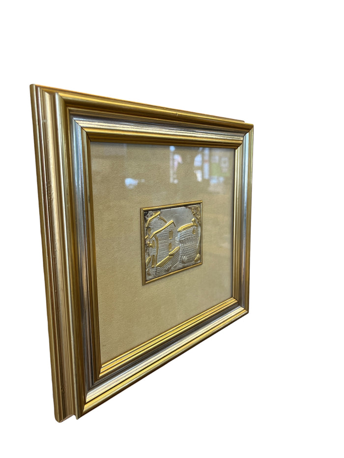 Silver and Gold Embossed Metal Bas-Relief Village Wall Art