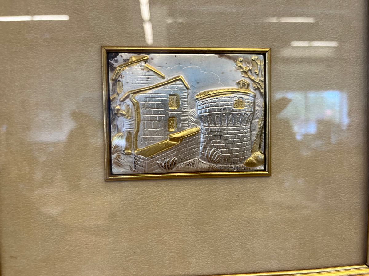 Silver and Gold Embossed Metal Bas-Relief Village Wall Art