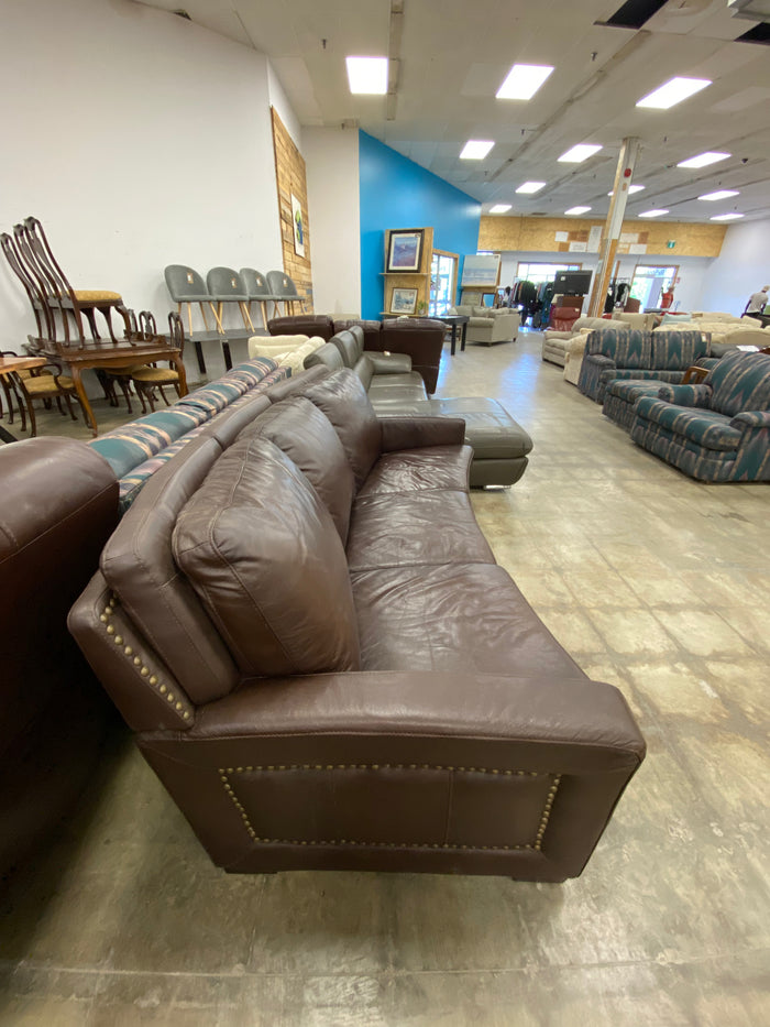 Brown Leather Sofa with Nail Head Trim