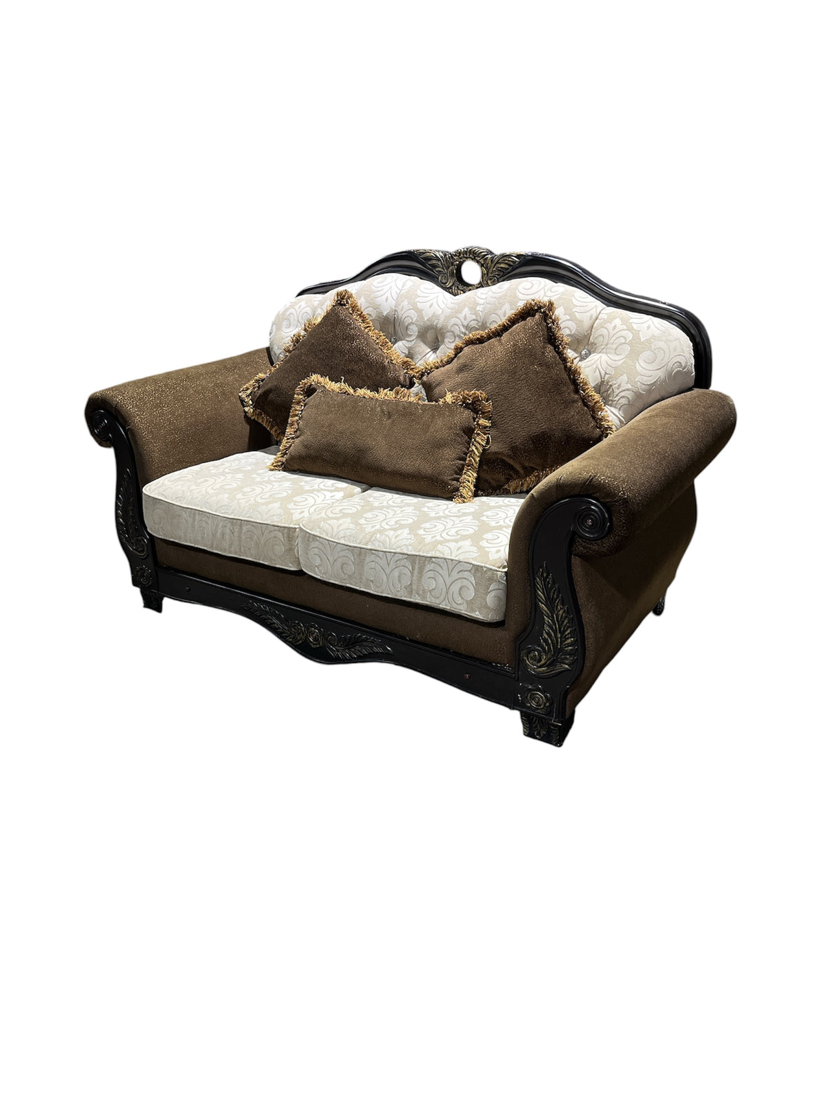 Tufted Crystal Back Loveseat With Carved Wood Frame